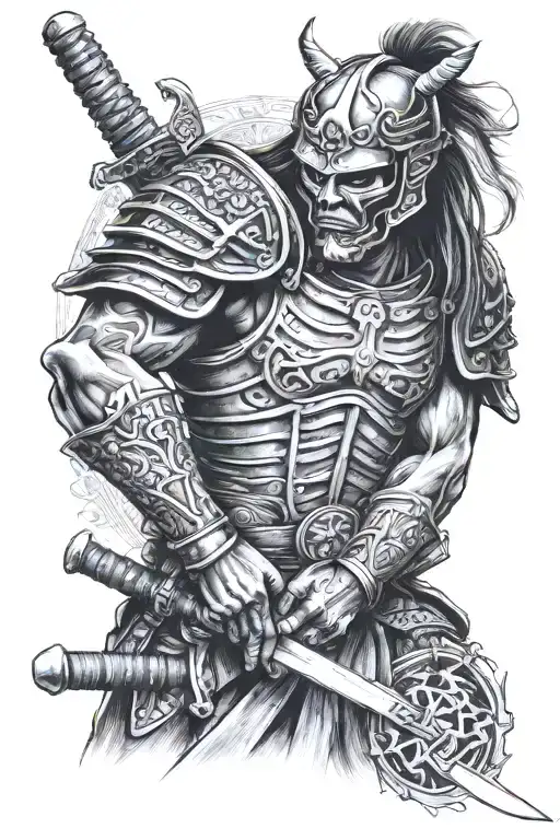 Full Length Samurai In Armor With Skull Head Profile