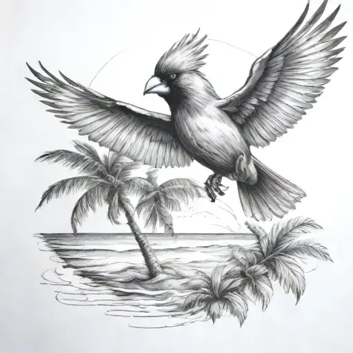 Flying Cardinal To The Ocean And Palm Tree