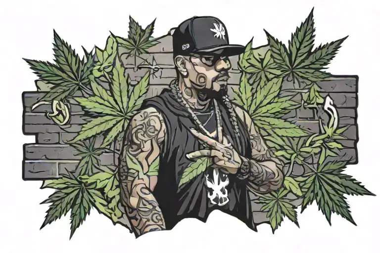 A Rapper Standing In Front Of A Brick Wall With Marijuana Leaf Graffiti