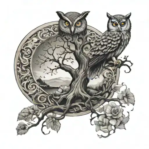 Tree Of Life Yin Yang With An Owl In The Tree And A Fish Swimming At The Base In Water