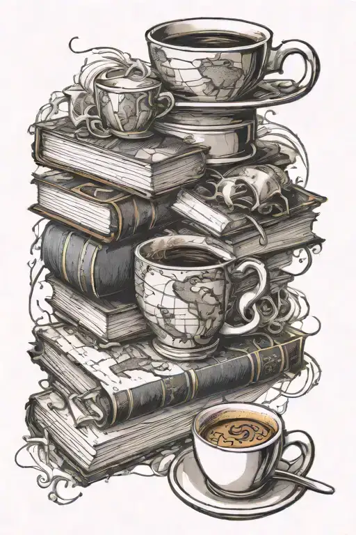 A Coffee Cup Morphing Into A Stack Of Books With A World Map In The Background