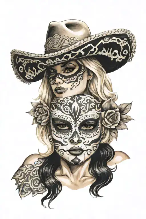 Mexican Mask On Blonde Woman Holding A Baby Girl