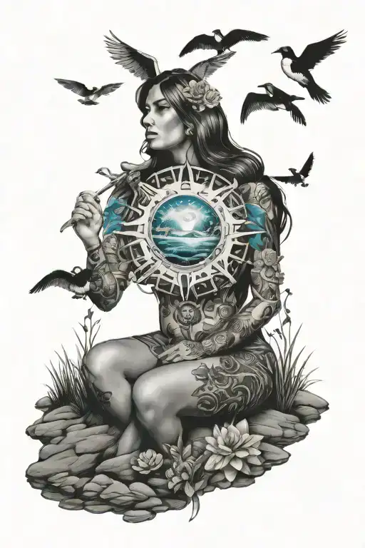 Cosmic Female Counselor Surrounded By Nature And Lakes