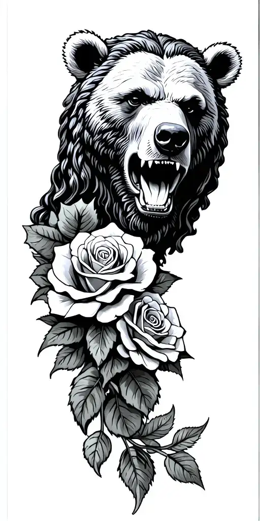 Growling Bear Head With Roses Intertwined Jesus Christ