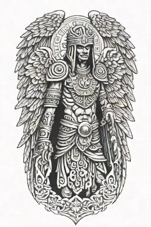 Winged Angel With Hooded Warrior Wearing Aztec Garments