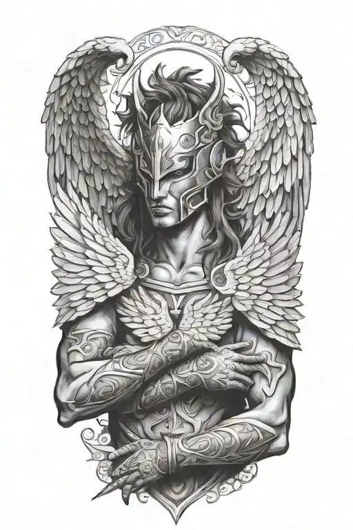 Faceless Angel Facing Foward Wearing Armor Of The Wolf And The Phoenix With His Arms Crossed