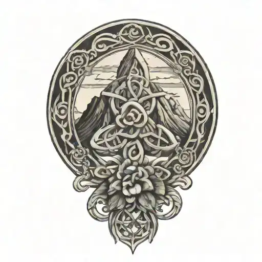 The Karmic Knot Is Intertwined With A Four-leaf Clover In Front Of A Mountain Peak