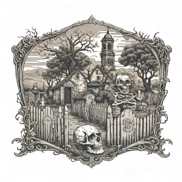 Grave Yard Scene With Fence Tree And Old Church