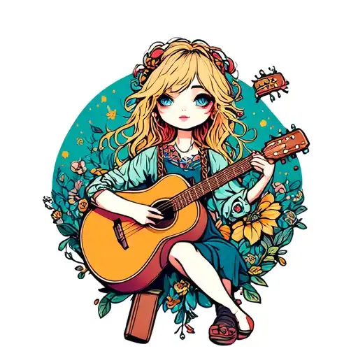 Blonde Chibi Girl With Messy Hair Playing Acoustic Guitar