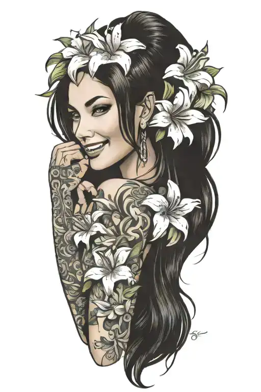 Beautiful Smiling Woman With Dark Hair Interwined With Lily Flowers And A Pine Tree