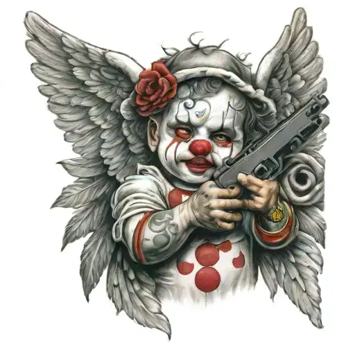 Clown Baby Angel Holding Gun