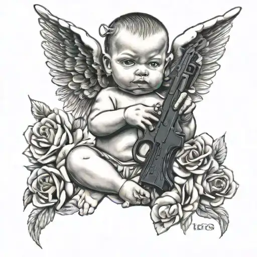 Gangser Tattoed Baby Angel Holding Gun