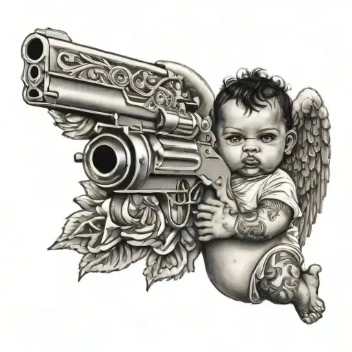 Gangser Tattoed Baby Angel Holding Gun