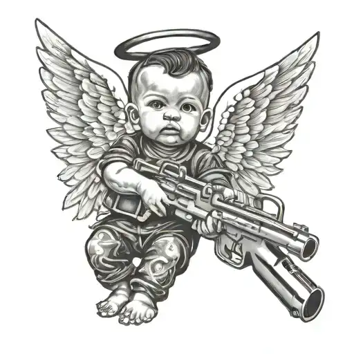 Gangser Tattoed Baby Angel Holding Gun