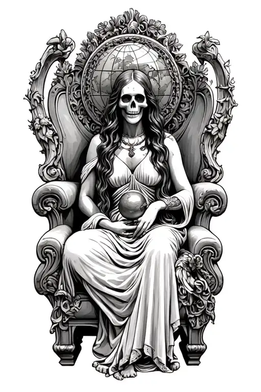 Holy Death Sitting On Her Throne Holding A Sythe And Globe