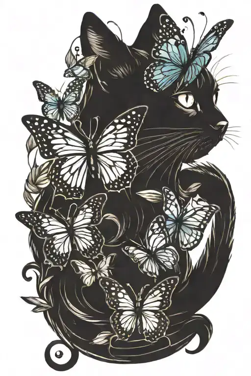 Silhouette Of A Black Cat With A Butterfly