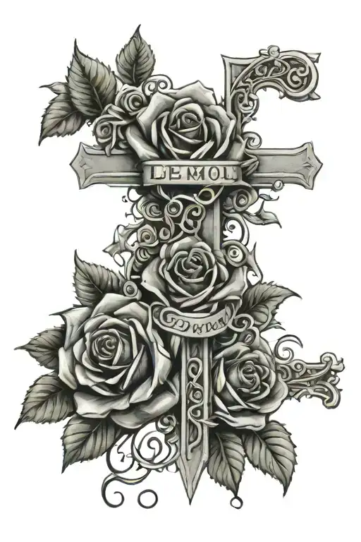 Cross With Rose Vine Wrapping And Names Of Lemuel And Mayumi On The Vines