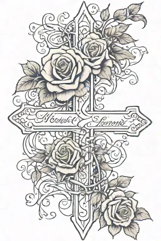 Simple Cross With Minimalist Rose Vine Wrapping And Names Of Lemuel And Mayumi On The Vines