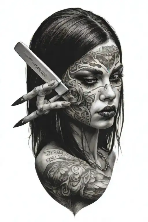 Sexy Woman Cutting Her Face With A Knife