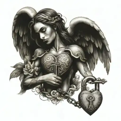 Gaurdian Angel Holding A Heart Lock