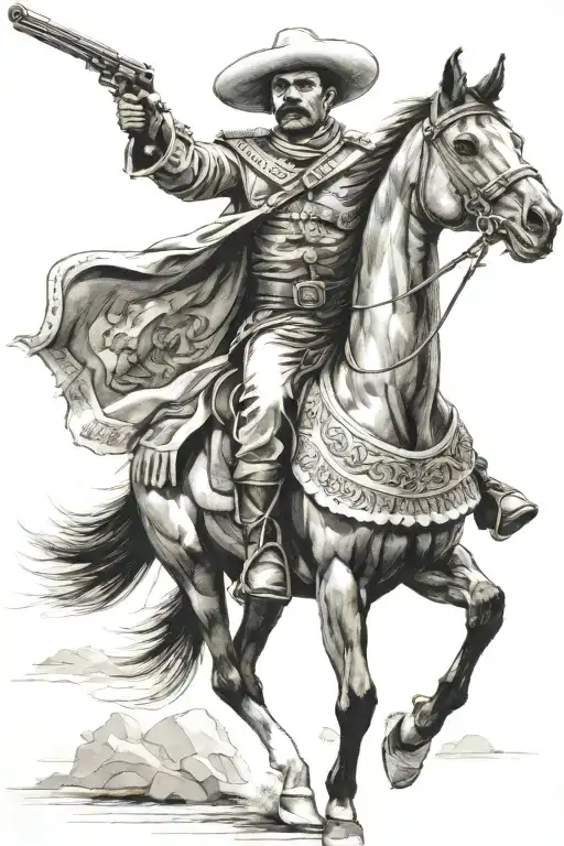 Mexican Revolutionary Soldier With A Poncho On Horseback Shooting