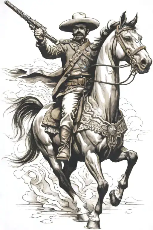 Mexican Revolutionary Soldier On Horseback In A Shoot Out