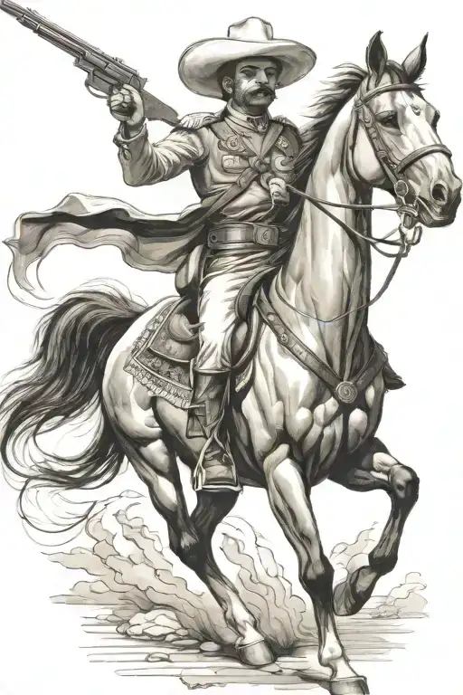 Mexican Revolutionary Soldier On Horseback In A Shoot Out