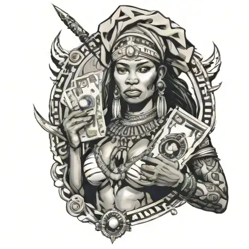 African Tribal Warrior Woman Holding A Bag Of Money