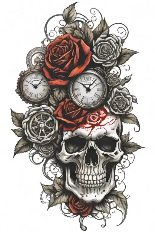Skull With Roses And Clocks And Blood