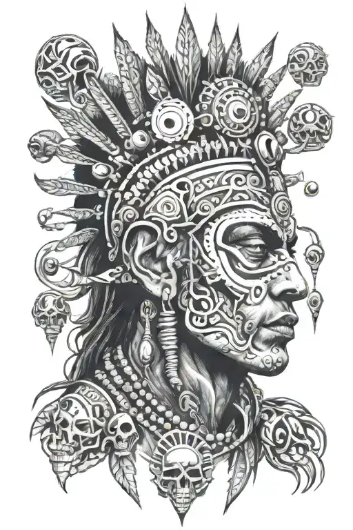 Shaman Side Face With Piercings And With Third Eye Surrounded By Alien Beings Around His Head