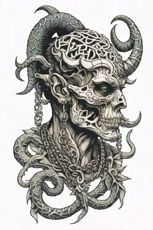Mutant God Side Face With Piercing And With Tusks And Horns And Skull Necklace With Snakes
