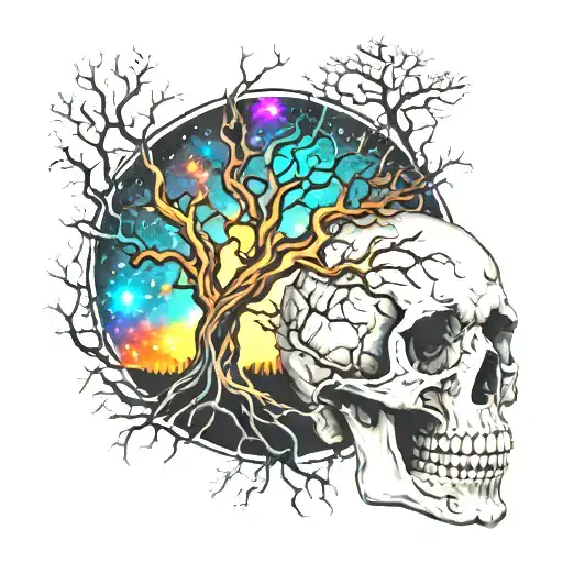 Trees With Roots Growing Through Skull Branches Stretching Into Starry Night
