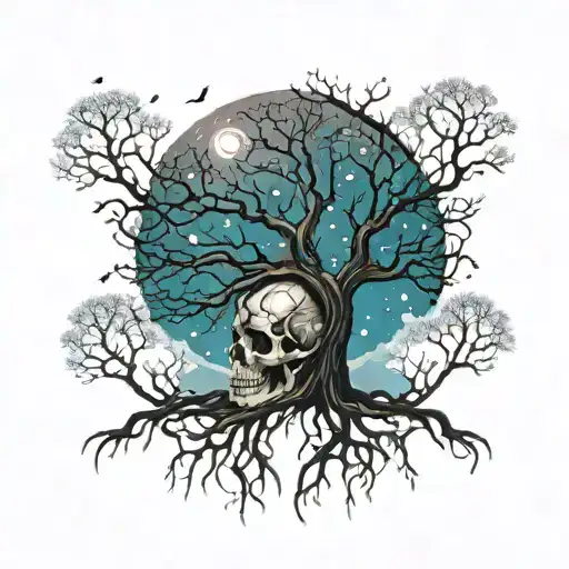 Trees With Roots Growing Through Skull Branches Stretching Into Starry Night