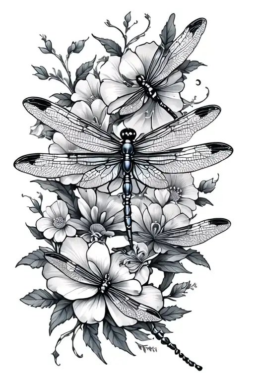 Dragonflies And Blooming Flowers Intertwined