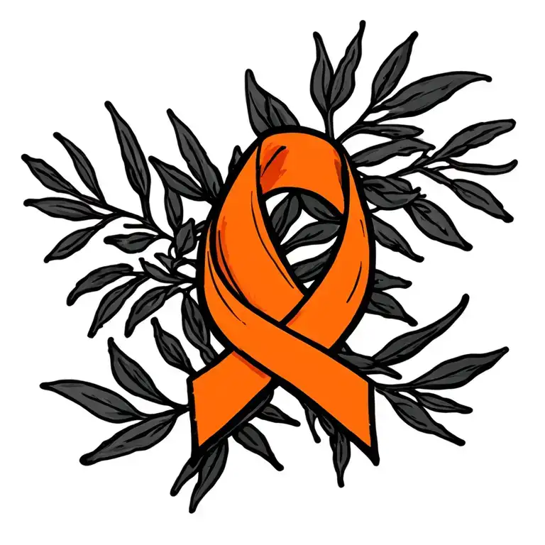 Orange Cancer Ribbon Wrapped Around Olive Branch Intertwined