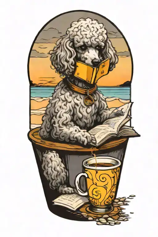 A Poodle Reading A Book With A Cup Of Coffee On The Beach