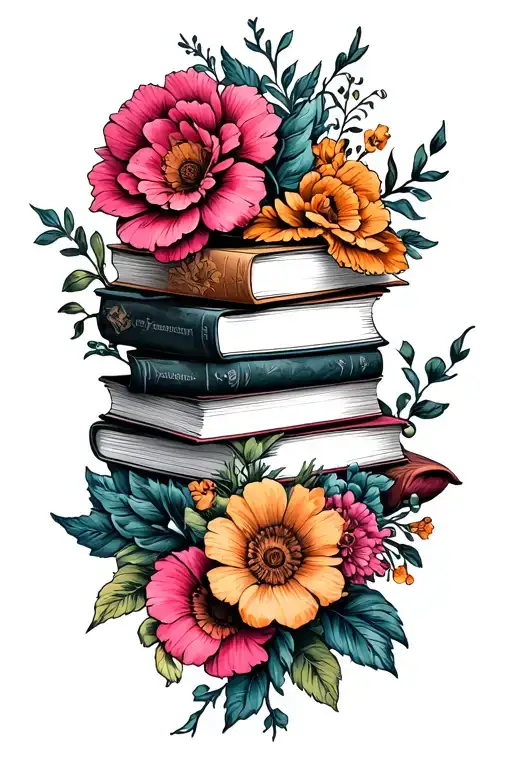 Stack Of Books Behind A Half Sleeve Of Flowers