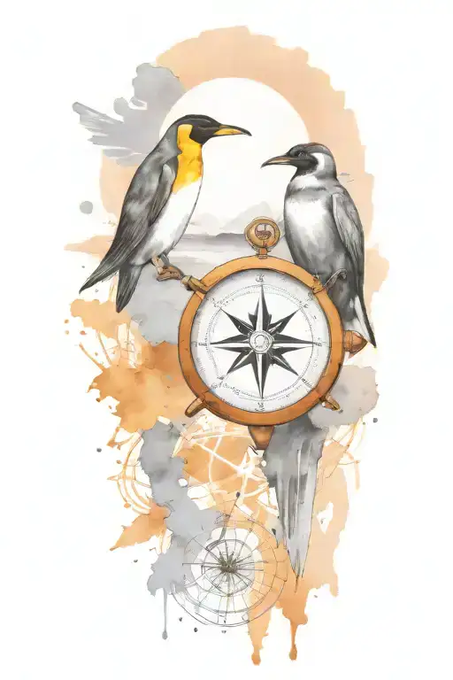 Compass With Modern Scuba Flag And King Penguin