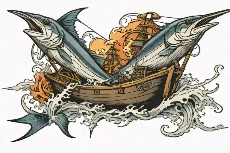 Swordfish And Fish Boat Navigating Rough Seas