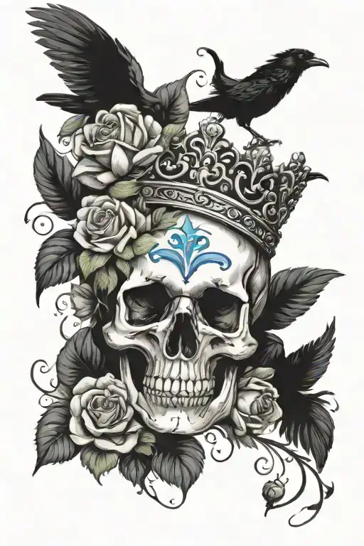 Skull Wearing Crown With Raven On Headand Blue Roses Intertwined