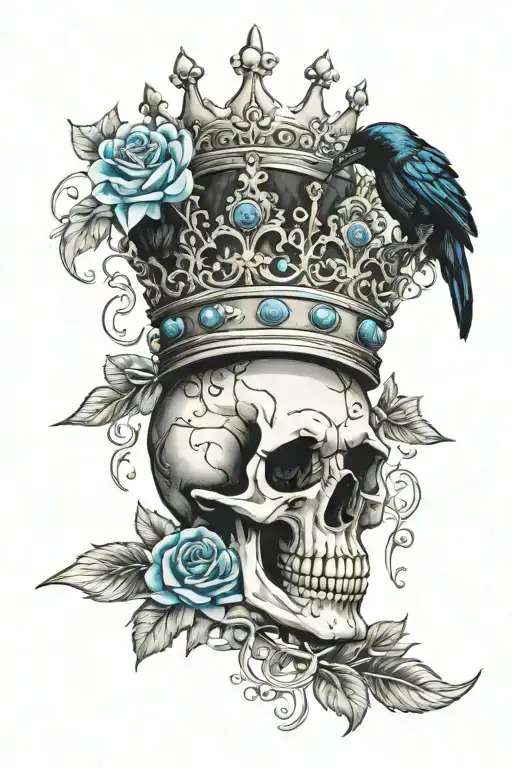 Skull Wearing Crown With Raven On Headand Blue Roses Intertwined