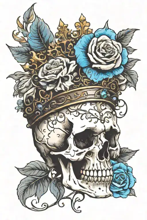 Skull Wearing Crown With Raven On Headand Blue Roses Intertwined