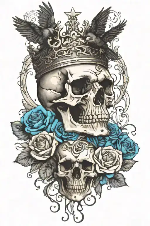 Skull Wearing Crown With Raven On Headand Blue Roses Intertwined