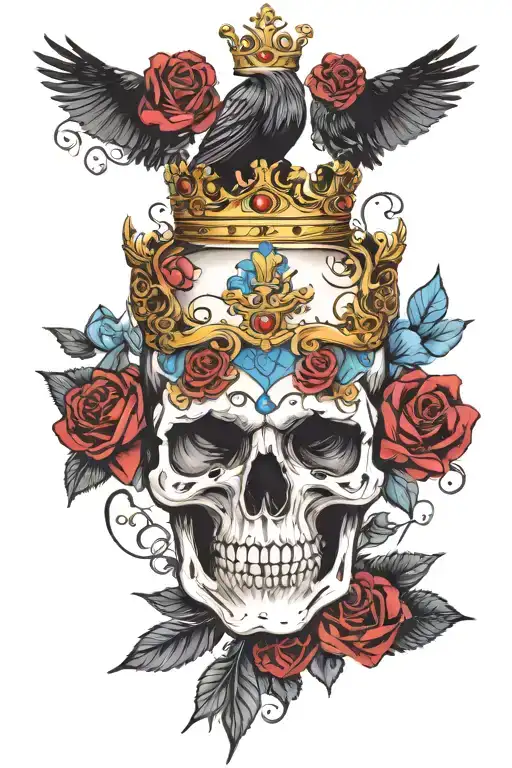 Skull Wearing Crown With Raven On Headand Blue Roses Intertwined