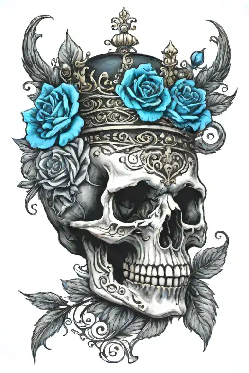 Skull Wearing Crown With Raven On Headand Blue Roses Intertwined