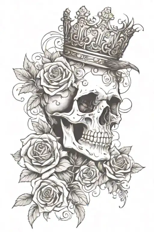 Skull Wearing Crown With Raven On Headand Blue Roses Intertwined