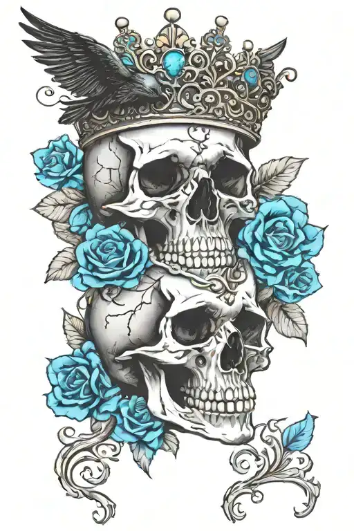 Skull Wearing Crown With Raven On Headand Blue Roses Intertwined