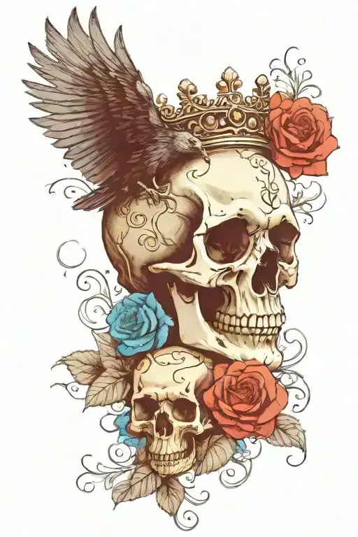Skull Wearing Crown With Raven On Headand Blue Roses Intertwined