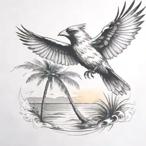 Flying Cardinal To The Ocean And Palm Tree