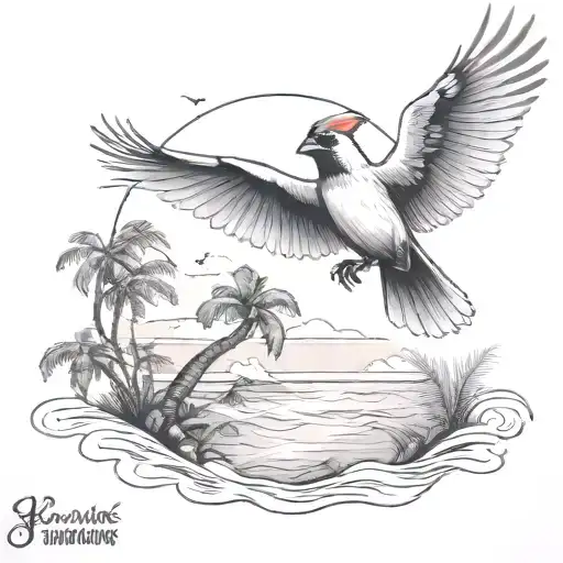 Flying Cardinal To The Ocean And Palm Tree